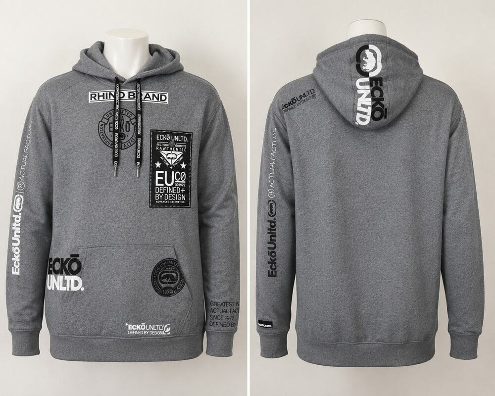 Ecko Unltd Gray Graphic Hoodie Men's Size 2XL Streetwear Pullover Rhino Brand
